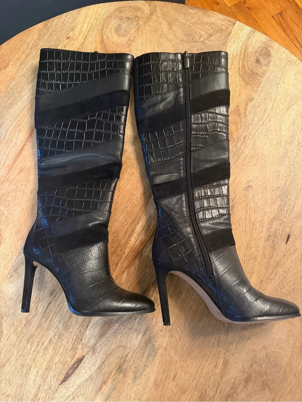 Vince Camuto Black Croc-Embossed & Suede Over-the-Knee Stiletto Boots